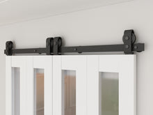 Load image into Gallery viewer, 48 in. x 84 in. 3 Lite Pre Assembled Frosted Glass White MDF Double Bi-Fold Barn Doors with Hardware Kit and Door Handle