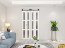 Load image into Gallery viewer, 48 in. x 84 in. 3 Lite Pre Assembled Frosted Glass White MDF Double Bi-Fold Barn Doors with Hardware Kit and Door Handle
