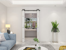 Load image into Gallery viewer, 48 in. x 84 in. 3 Lite Pre Assembled Frosted Glass White MDF Double Bi-Fold Barn Doors with Hardware Kit and Door Handle