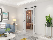 Load image into Gallery viewer, 48 in. x 84 in. 3 Lite Pre Assembled Frosted Glass White MDF Double Bi-Fold Barn Doors with Hardware Kit and Door Handle