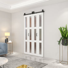 Load image into Gallery viewer, 48 in. x 84 in. 3 Lite Pre Assembled Frosted Glass White MDF Double Bi-Fold Barn Doors with Hardware Kit and Door Handle