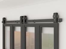 Load image into Gallery viewer, 48 in. x 84 in. 3/4 Lites Frosted Glass Black Steel Frame Double Bi-Fold Barn Doors with Hardware Kit and Door Handle