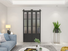 Load image into Gallery viewer, 48 in. x 84 in. 3/4 Lites Frosted Glass Black Steel Frame Double Bi-Fold Barn Doors with Hardware Kit and Door Handle