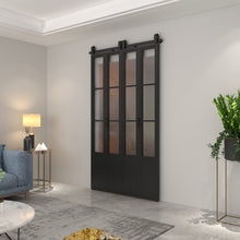Load image into Gallery viewer, 48 in. x 84 in. 3/4 Lites Frosted Glass Black Steel Frame Double Bi-Fold Barn Doors with Hardware Kit and Door Handle