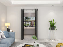 Load image into Gallery viewer, 48 in. x 84 in. 3/4 Lites Frosted Glass Black Steel Frame Double Bi-Fold Barn Doors with Hardware Kit and Door Handle