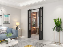 Load image into Gallery viewer, 48 in. x 84 in. 3/4 Lites Frosted Glass Black Steel Frame Double Bi-Fold Barn Doors with Hardware Kit and Door Handle
