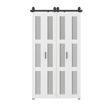 Load image into Gallery viewer, 48 in. x 84 in. 3 Lite Pre Assembled Frosted Glass White MDF Double Bi-Fold Barn Doors with Hardware Kit and Door Handle