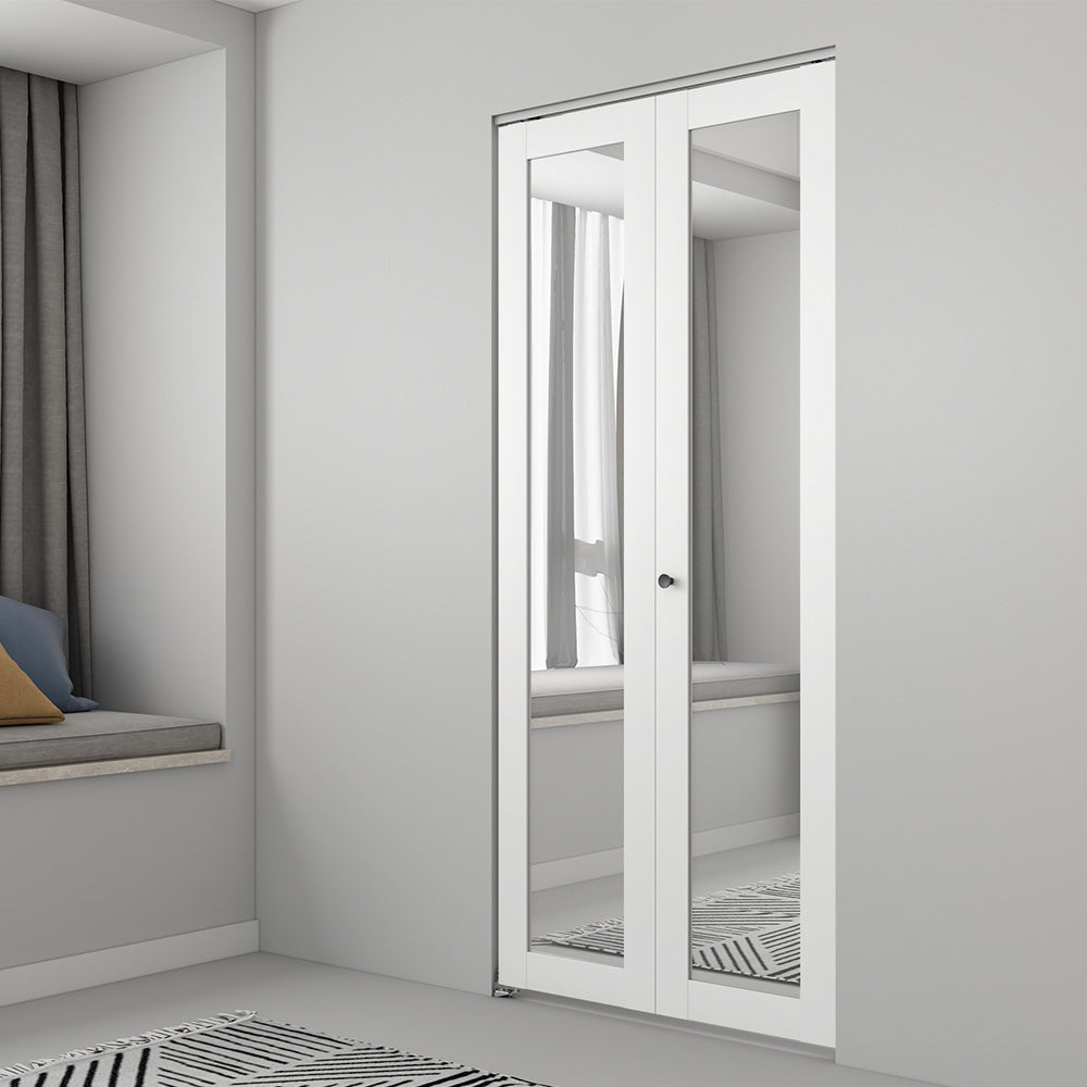 Calhome 30 in. x 80 in. Mirrored Glass Solid Core White Composite Bi-Fold Door with Hardware Kit and Door Handle, image size:1000x1000