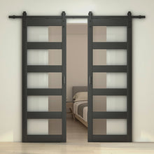Load image into Gallery viewer, 5 Lite Tempered Frosted Glass White Finished Composite Double Sliding Barn Door with Hardware Kit Handle