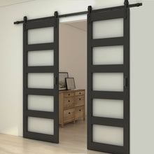 Load image into Gallery viewer, 5 Lite Tempered Frosted Glass White Finished Composite Double Sliding Barn Door with Hardware Kit Handle