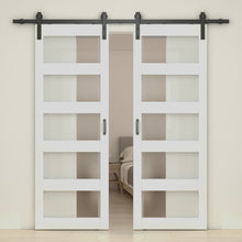 Load image into Gallery viewer, 5 Lite Tempered Frosted Glass White Finished Composite Double Sliding Barn Door with Hardware Kit Handle