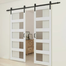 Load image into Gallery viewer, 5 Lite Tempered Frosted Glass White Finished Composite Double Sliding Barn Door with Hardware Kit Handle