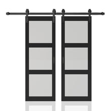 Load image into Gallery viewer, 3-Lite Tempered Frosted Glass Black Finished Composite Double Sliding Barn Door with Hardware Kit Handle
