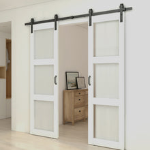 Load image into Gallery viewer, 3-Lite Tempered Frosted Glass Black Finished Composite Double Sliding Barn Door with Hardware Kit Handle