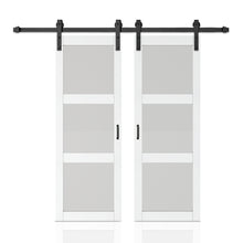 Load image into Gallery viewer, 3-Lite Tempered Frosted Glass Black Finished Composite Double Sliding Barn Door with Hardware Kit Handle