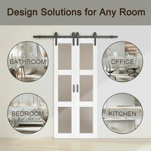 Load image into Gallery viewer, 3-Lite Tempered Frosted Glass Black Finished Composite Double Sliding Barn Door with Hardware Kit Handle