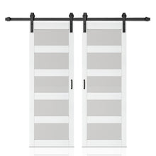 Load image into Gallery viewer, 5 Lite Tempered Frosted Glass White Finished Composite Double Sliding Barn Door with Hardware Kit Handle