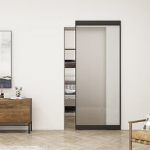 Load image into Gallery viewer, 40 in. x 84 in. Frosted Glass Black Metal Frame Interior Sliding Barn Door with Hardware Kit Hidden Track System