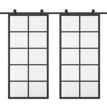Load image into Gallery viewer, 10 Lite Glass Black Aluminum Frame Interior Double Sliding Barn Door with Hardware Kit