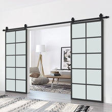 Load image into Gallery viewer, 10 Lite Glass Black Aluminum Frame Interior Double Sliding Barn Door with Hardware Kit
