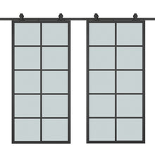 Load image into Gallery viewer, 10 Lite Glass Black Aluminum Frame Interior Double Sliding Barn Door with Hardware Kit
