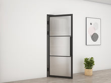 Load image into Gallery viewer, 36 in. x 85 in. 3 Lite Frost Glass Black Steel Frame Prehung Interior Door with Door Handle