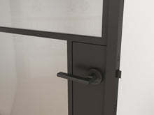 Load image into Gallery viewer, 36 in. x 85 in. 3 Lite Frost Glass Black Steel Frame Prehung Interior Door with Door Handle