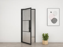 Load image into Gallery viewer, 36 in. x 85 in. 3 Lite Frost Glass Black Steel Frame Prehung Interior Door with Door Handle