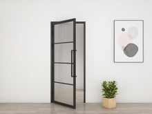 Load image into Gallery viewer, 36 in. x 85 in. 4 Lite Frost Glass Black Steel Frame Prehung Interior Door with Door Handle