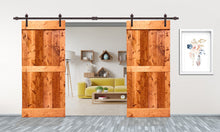 Load image into Gallery viewer, Mid-Bar Pre Assembled Stained Wood Interior Double Sliding Barn Door with Hardware Kit