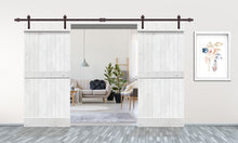 Load image into Gallery viewer, Mid-Bar Pre Assembled Stained Wood Interior Double Sliding Barn Door with Hardware Kit