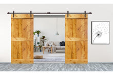 Load image into Gallery viewer, Mid-Bar Pre Assembled Stained Wood Interior Double Sliding Barn Door with Hardware Kit