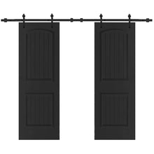 Load image into Gallery viewer, 36 in. x 80 in. Camber Top Composite MDF Split Double Sliding Barn Door with Hardware Kit