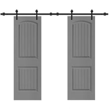 Load image into Gallery viewer, 36 in. x 80 in. Camber Top Composite MDF Split Double Sliding Barn Door with Hardware Kit
