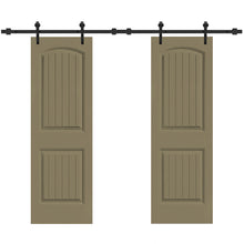 Load image into Gallery viewer, 36 in. x 80 in. Camber Top Composite MDF Split Double Sliding Barn Door with Hardware Kit