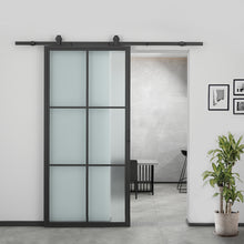 Load image into Gallery viewer, 37 in. x 84 in. 6-Lite Tempered Glass Barn Door Steel Frame Sliding Hardware Kit and Door Handle