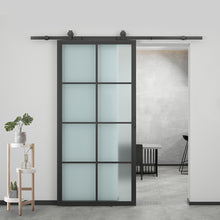 Load image into Gallery viewer, 37 in. x 84 in. 8-Lite Tempered Glass Barn Door Steel Frame Sliding Hardware Kit and Door