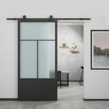 Load image into Gallery viewer, 37 in. x 84 in. 3-Lite Tempered Frosted Glass Barn Door Steel Frame Sliding Hardware Kit and Door Handle