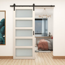 Load image into Gallery viewer, 36 in. x 84 in. 5-Lite Frosted Glass Barn Door MDF Frame Sliding Hardware Kit and Door Handle