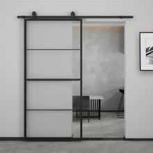 Load image into Gallery viewer, 84 in. x 36 in. 4-Lite Tempered Glass Barn Door Steel Frame Sliding Hardware Kit and Door Handle
