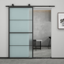 Load image into Gallery viewer, 84 in. x 36 in. 4-Lite Tempered Glass Barn Door Steel Frame Sliding Hardware Kit and Door Handle