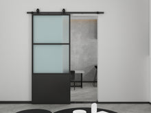 Load image into Gallery viewer, 84 in. x 36 in. 2-Lite Tempered Glass Barn Door Steel Frame Sliding Hardware Kit and Door Handle