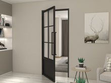 Load image into Gallery viewer, 36 in. x 84 in. Right-Hand 6 Lite Frost Glass Black Steel Single Prehung Interior Door with Door Handle