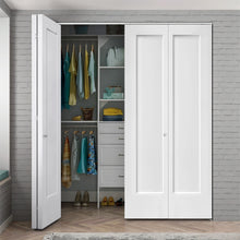 Load image into Gallery viewer, 60 in. x 80 in. 1-Panel Shaker White Painted MDF Composite Bi-Fold Double Closet Door with Hardware Kit
