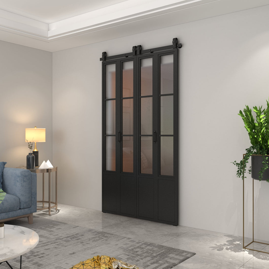 48 in. x 84 in. 3/4 Lites Frosted Glass Black Steel Frame Double Bi-Fold Barn Doors with Hardware Kit and Door Handle