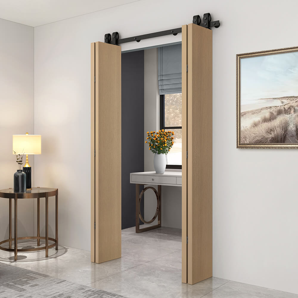 Hollow Core Oak Composite Textured Double Bi-fold Door with Sliding Barn Door Hardware Kit