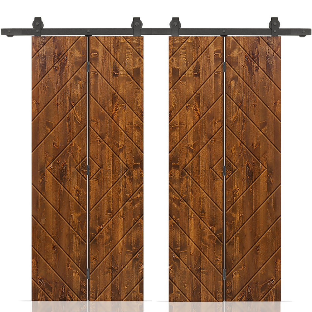 Stained Pine Wood Double Bi-Fold Barn Door with Sliding Hardware Kit