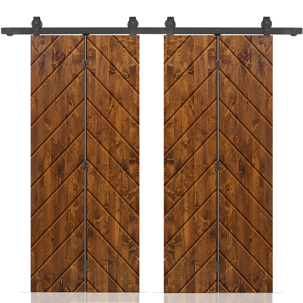 Stained Pine Wood Double Bi-Fold Barn Door with Sliding Hardware Kit