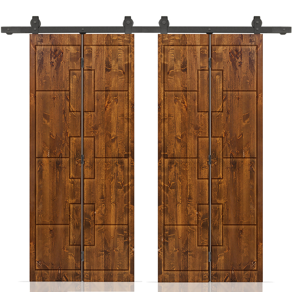 Stained Pine Wood Double Bi-Fold Barn Door with Sliding Hardware Kit