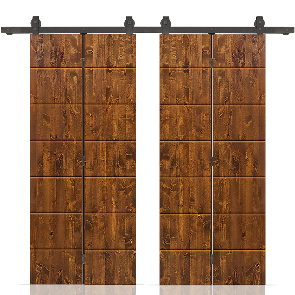 Stained Pine Wood Double Bi-Fold Barn Door with Sliding Hardware Kit